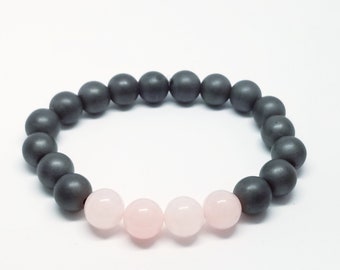 beaded bracelet, rose quartz, matte hematite, gemstone jewelry, crystal jewelry, bracelets