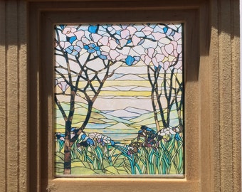 Dollhouse Miniature - Tiffany Style Magnolia and Iris Stained Glass - Window Decal