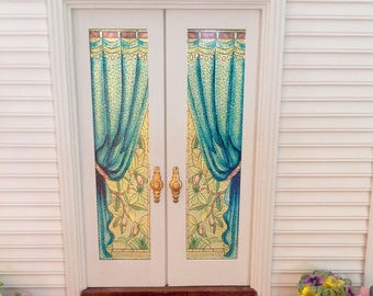 Dollhouse Miniature - Blue Drape Stained Glass French Door Decals