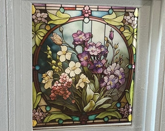Dollhouse Miniature - Evening Garden Blooms Stained Glass - Window Decal