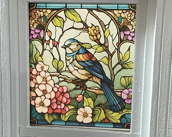 Dollhouse Miniature - Springtime Blue Bird Stained Glass - Window Decal