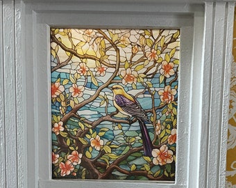Dollhouse Miniature - Yellow Bird on Branch Stained Glass - Window Decal
