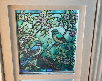 Dollhouse Miniature - Victorian Style Two Birds on a Branch Stained Glass - Window Decal