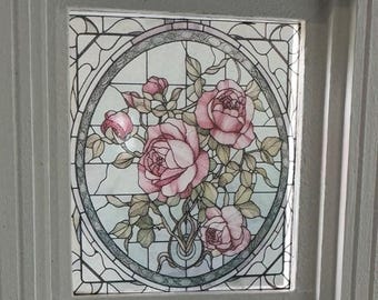 Bridgerton Pink Roses Stained Glass Window - Window Decal - Dollhouse Miniature - 1:12 Scale