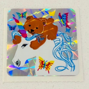 Vintage seltener Sandylion Prismatic Mini Regenbogen Einhorn Teddybär Aufkleber.
