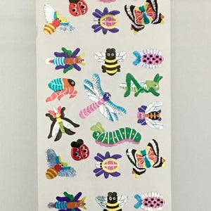 May include: A sheet of colorful insect stickers featuring butterflies, ladybugs, bees, dragonflies, and caterpillars. The stickers are holographic and have a shiny finish.
