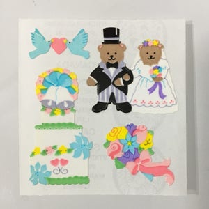 Vintage zeldzame Sandylion Kromekote bruiloft, teddybeer, taart, bloemen bruidegom bruid stickers