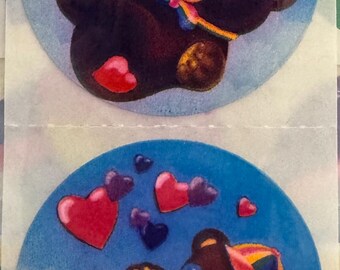 Pegatinas vintage raras de Lisa Frank con forma de oso de corazón. Dos cuadrados.