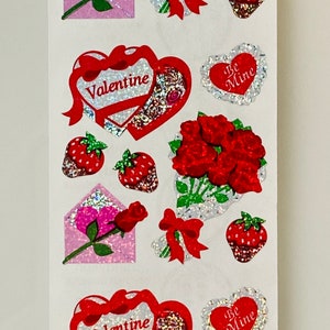 DRIE VIERKANTEN Vintage zeldzame Sandylion Valentijnsdag bloemen liefde aardbei hartstickers