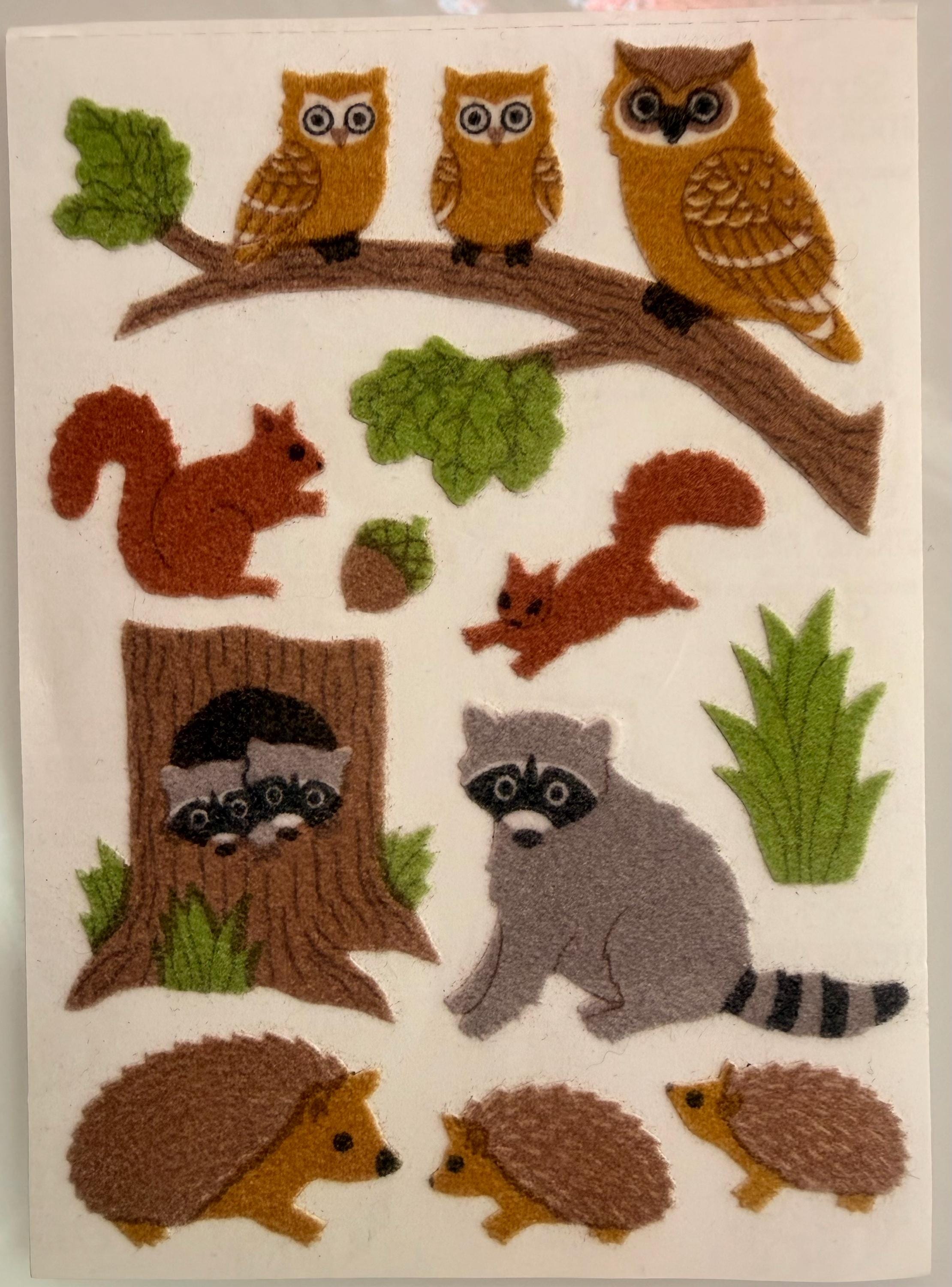 Vintage Rare Sandylion Fuzzy Woods Owl Birds Racoon Maxi Sheet Stickers