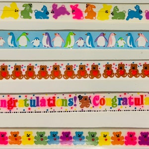 Vintage Rare Sandylion Stickie Tape Sticker Strips. Bunnies, Penguins, Heart Bears, Congrats Bears, Rainbow Bears