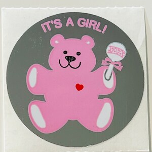 Vintage Rare Pink Mylar Sandylion Bear Sticker. Its a girl, Hearts, Baby Shower
