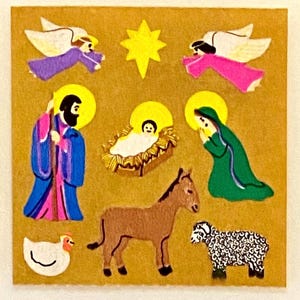Rzadkie zabytkowe naklejki religijne Sandylion Kromekote Nativity Angel