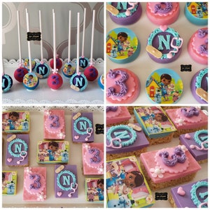 Doc kids show party package.  Stuffins party favors. Doc  cakepops. Doc  cookies. Doc invitations