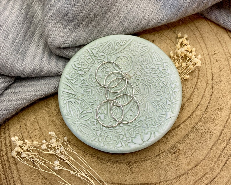 Sage Green /& White Floral Clay Ring Dish Trinket Dish