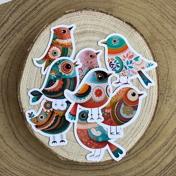 Folk Art Bird Sticker Pack | 8 Stickers