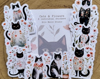 Cats & Flowers Sticker Pack | 8 Individual Easy-Peel Stickers