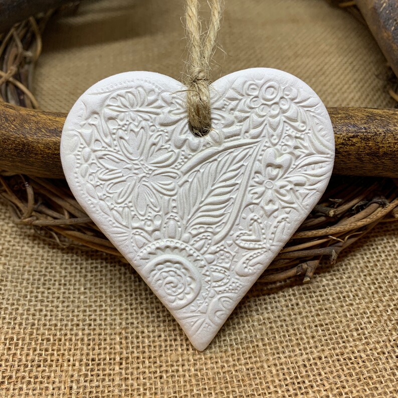 Hanging Heart Decoration White Clay Floral Pattern Etsy