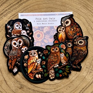 Folk Art Owls Sticker Pack 6 Individual Stickers image 1