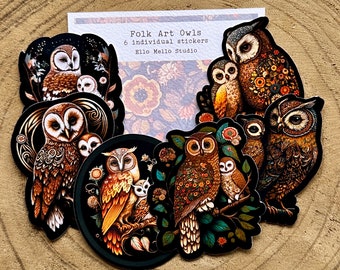 Folk Art Owls Sticker Pack | 6 Individual Stickers