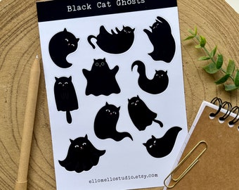 Black Cat Ghosts Sticker Sheet | 10 Stickers | Planner Stickers