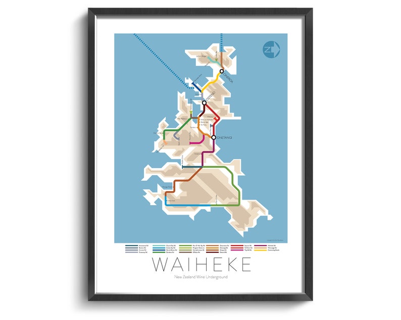 Waiheke Underground Map Series 3 New Zealand North Island Underground Map Wine Guide Wall Art Poster New Zealand Poster image 1