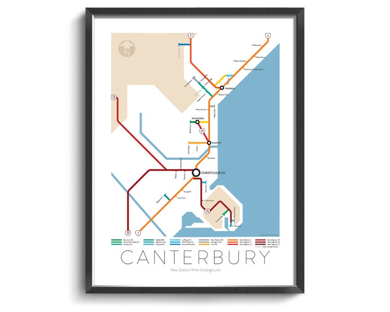 Canterbury Underground Map Series 3 New Zealand South Island Underground Map Wine Guide Wall Poster New Zealand Poster image 1