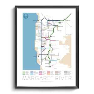 Carte souterraine de Margaret River | Australie | Australie-Occidentale | Plan du métro | Guide des vins | affiche d'art mural | Affiche australienne