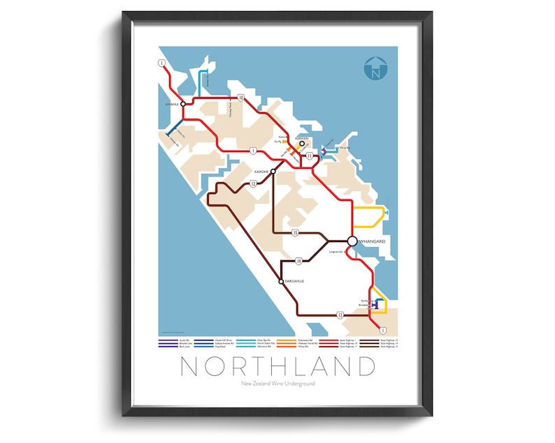 Northland Underground Map Series 3 New Zealand North Island Underground Map Wine Guide Wall Art Poster New Zealand Poster image 1