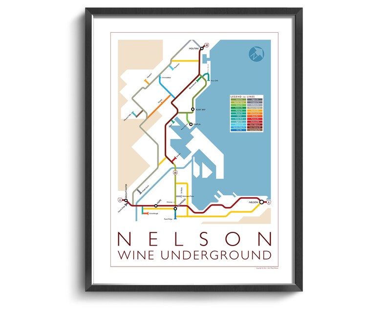 Nelson Underground Map Series 1 New Zealand South Island Underground Map Wine Guide Wall Art Poster New Zealand Poster image 1