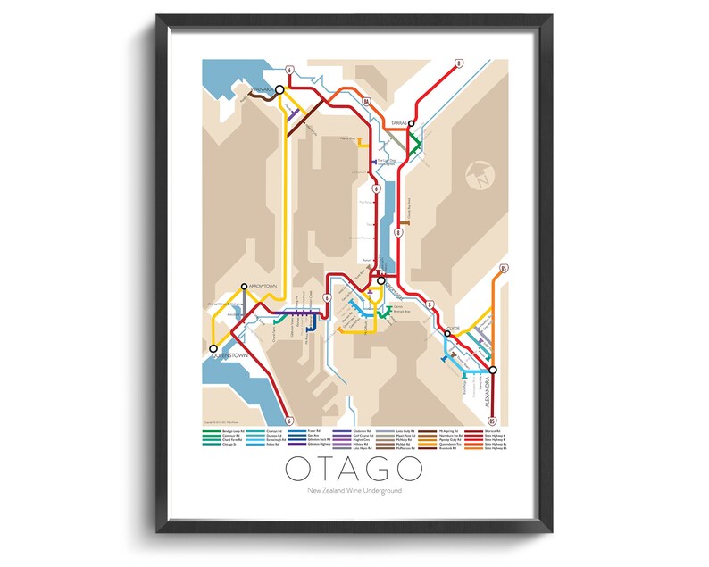 Otago Underground Map Series 3 New Zealand North Island Underground Map Wine Guide Wall Art Poster New Zealand Poster image 1