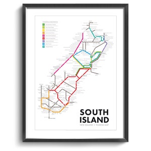 Mapa turístico subterráneo de Nueva Zelanda / Isla Sur / Regalo de viaje / Póster de arte mural / Decoración de pared / Mapa subterráneo / Póster de Nueva Zelanda
