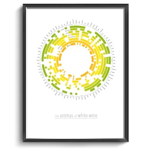 May include: A white wine aroma wheel with a circular graphic showing different aromas in concentric rings. The aromas are labelled in a circle around the graphic. The text at the bottom reads "the aromas of white wine".