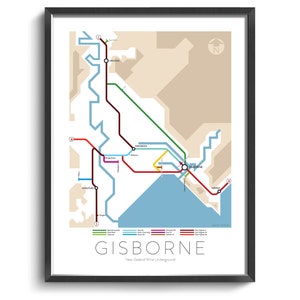 Gisborne Underground Map Series 3 New Zealand North Island Underground Map Wine Guide Wall Art Poster New Zealand Poster image 1