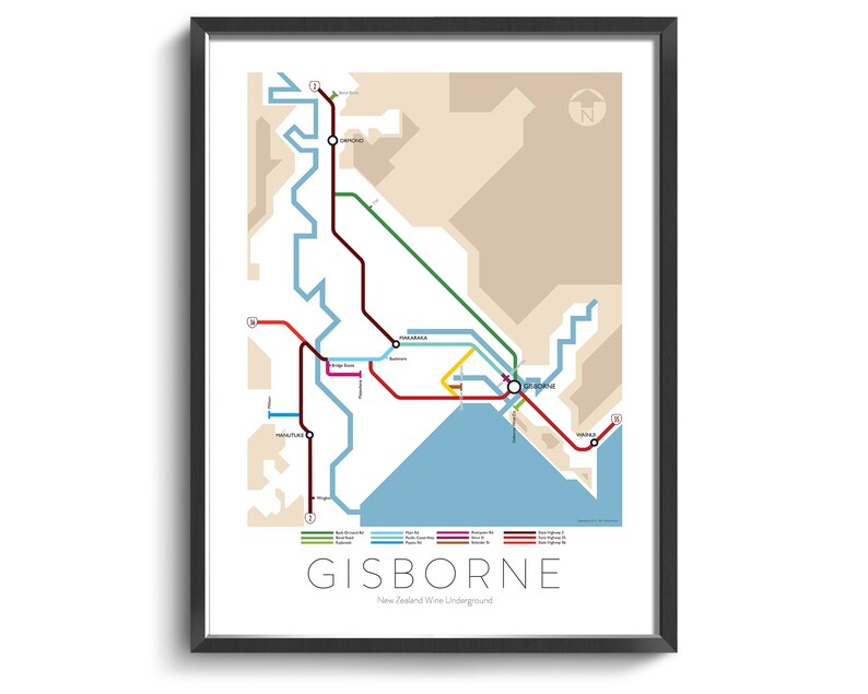 Gisborne Underground Map Series 3 New Zealand North Island Underground Map Wine Guide Wall Art Poster New Zealand Poster image 1