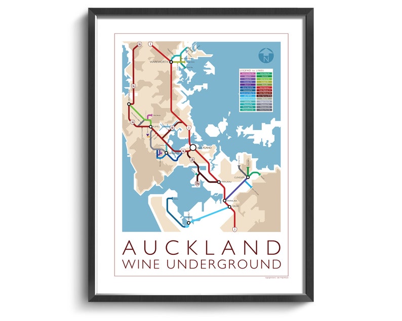 Auckland Underground Map Series 1 New Zealand North Island Underground Map Wine Guide Wall Art Poster New Zealand Poster image 1