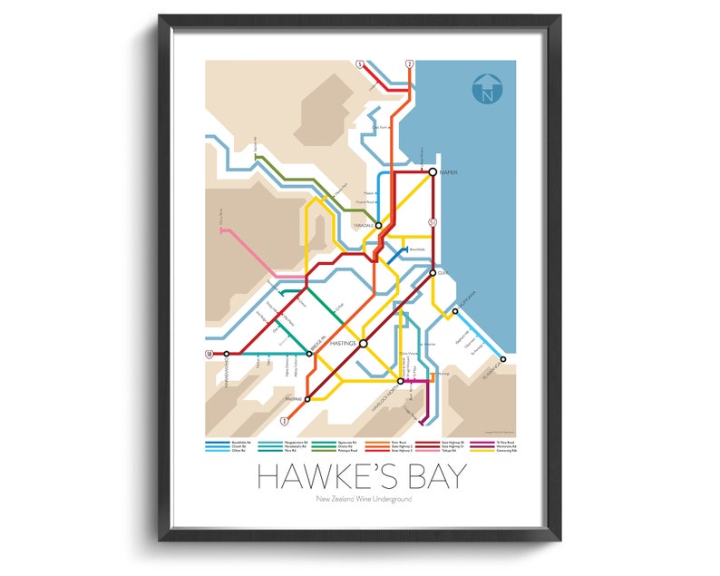 Hawke's Bay Underground Map Series 3 New Zealand North Island Underground Map Wine Guide Art Poster New Zealand Poster image 1