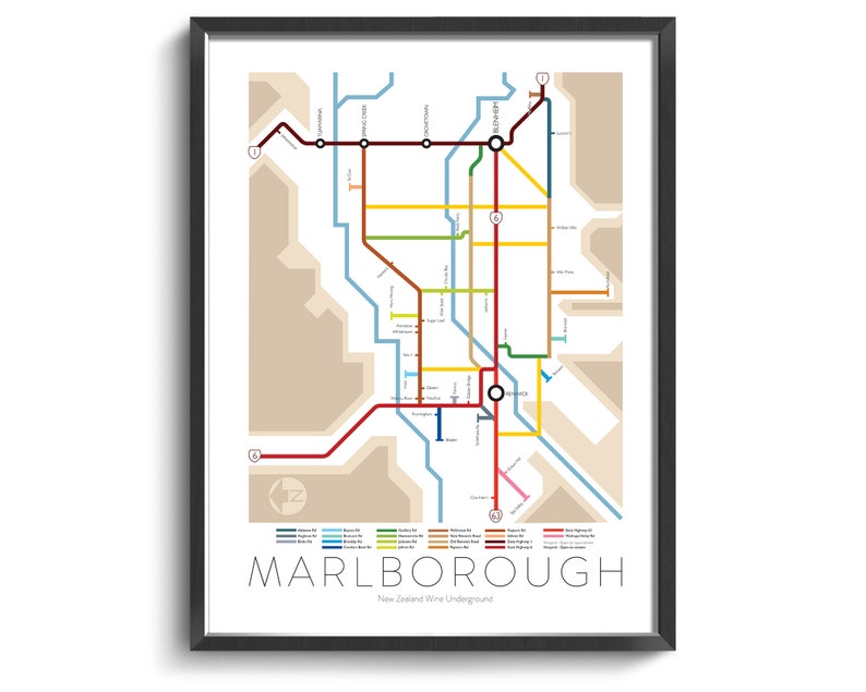 Marlborough Underground Map Series 3 New Zealand South Island Underground Map Wine Guide Wall Poster New Zealand Poster image 1