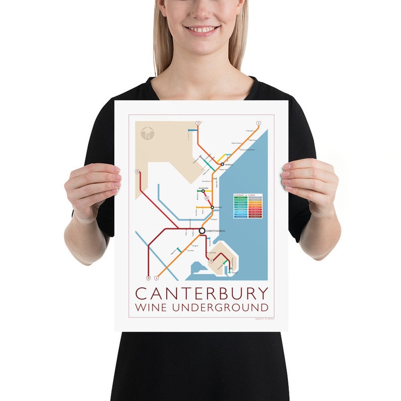 Carte du métro de Canterbury Série 1 de Nouvelle-Zélande de lîle du Sud Carte souterraine Guide des vins Affiche murale Affiche de la Nouvelle-Zélande image 2