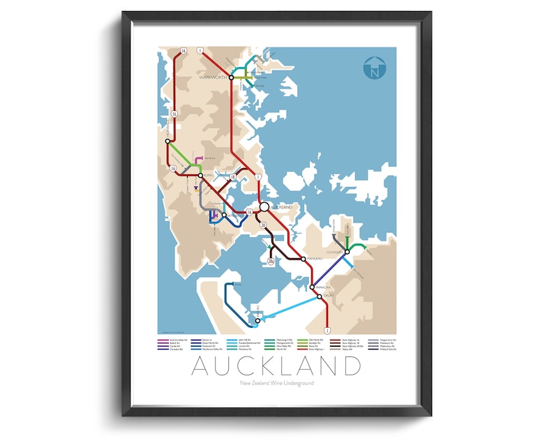 Auckland Underground Map Series 3 New Zealand North Island Underground Map Wine Guide Wall Art Poster New Zealand Poster image 1