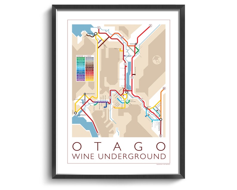 Otago Underground Map Series 1 New Zealand South Island Underground Map Wine Guide Wall Art Poster New Zealand Poster image 1