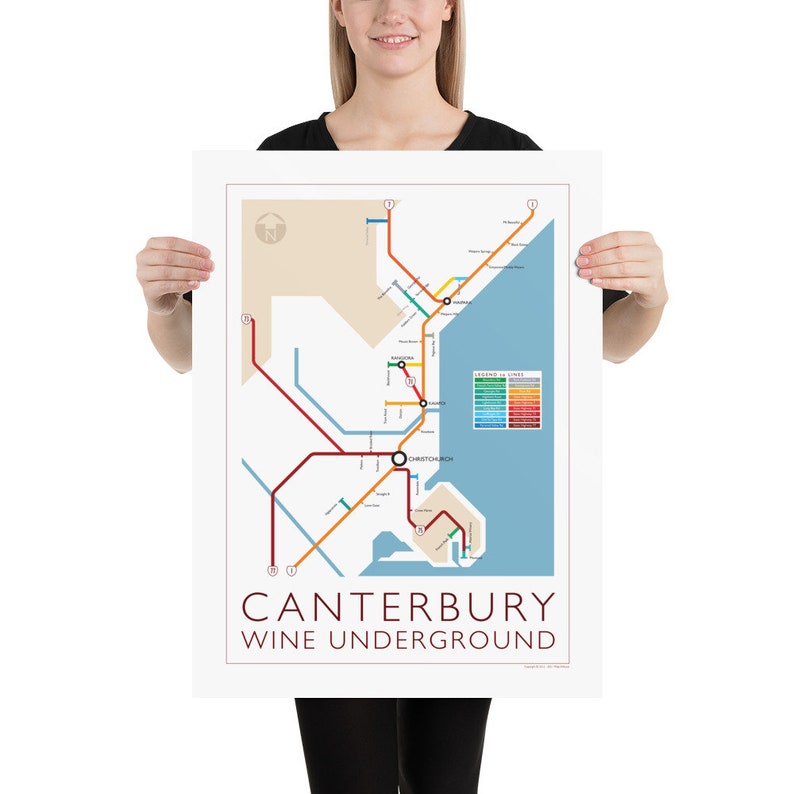 Carte du métro de Canterbury Série 1 de Nouvelle-Zélande de lîle du Sud Carte souterraine Guide des vins Affiche murale Affiche de la Nouvelle-Zélande image 3