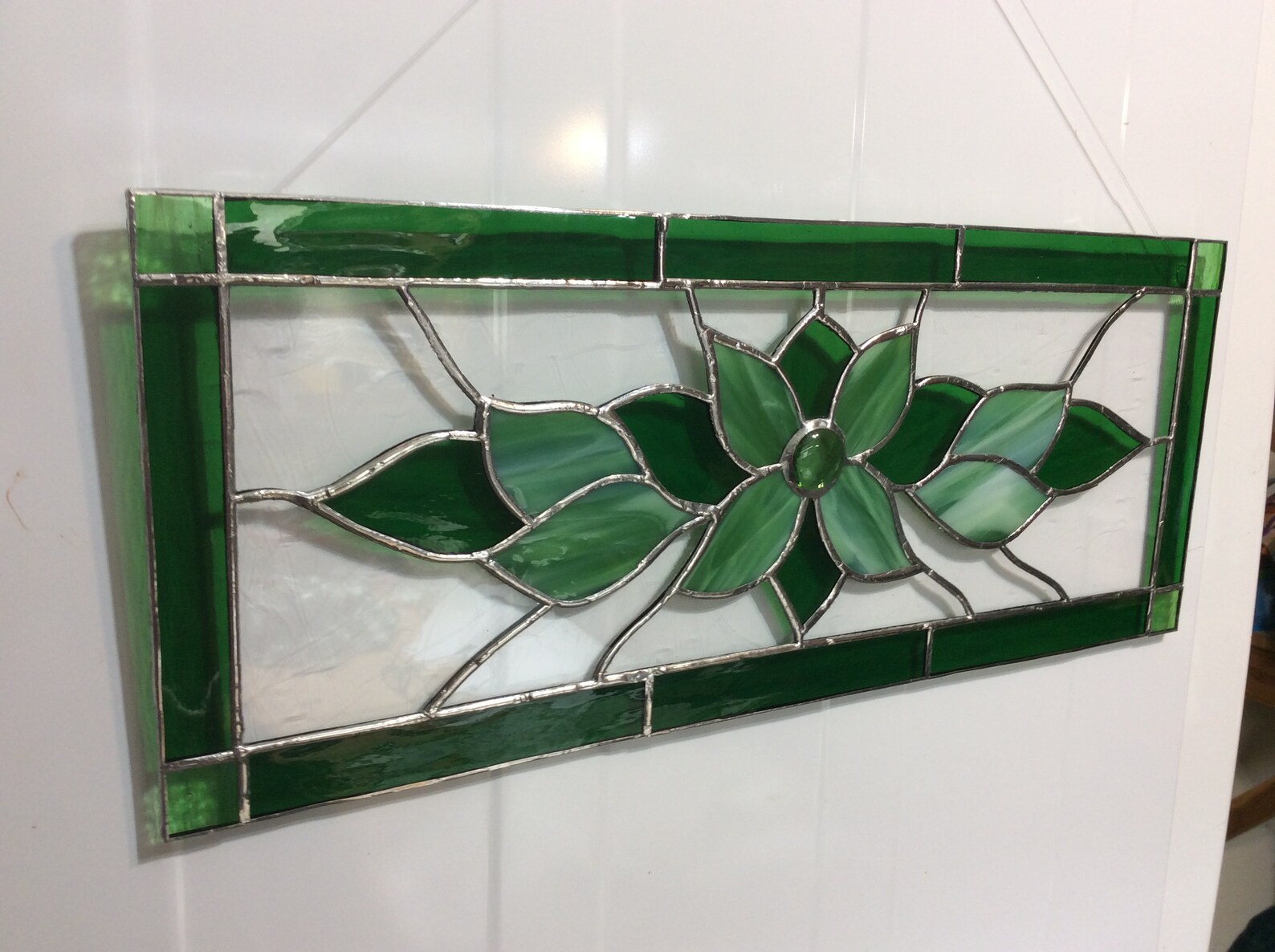 Stained glass transom window hanging panel green leaves Etsy