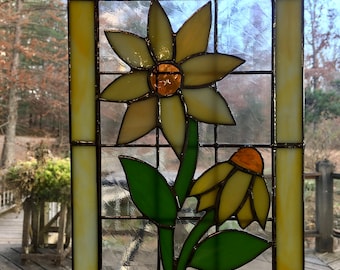 stained glass, transom window, yellow, orange, flower, hanging panel, handmade