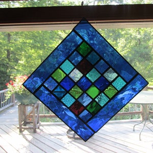 Stained glass, glass panel, suncatcher, blue, cobalt, green, turquoise, handmade, art glass image 4