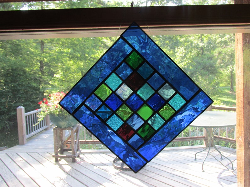 Stained glass, glass panel, suncatcher, blue, cobalt, green, turquoise, handmade, art glass image 4