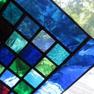 Stained glass, glass panel, suncatcher, blue, cobalt, green, turquoise, handmade, art glass image 2