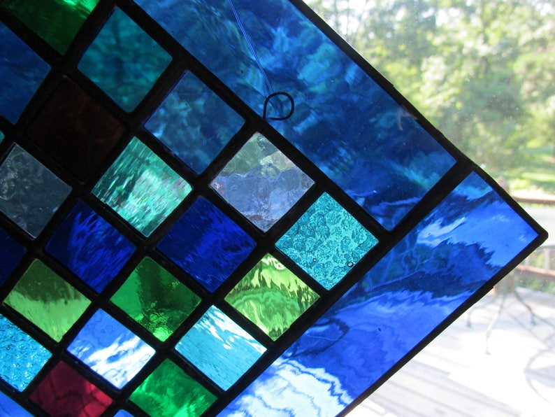 Stained glass, glass panel, suncatcher, blue, cobalt, green, turquoise, handmade, art glass image 2