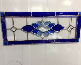 Stained glass, transom window, hanging panel, cobalt blue, antique looking, Victorian, handmade