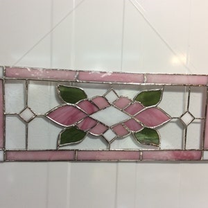 stained glass, transom window, hanging panel, pink, rose, flower